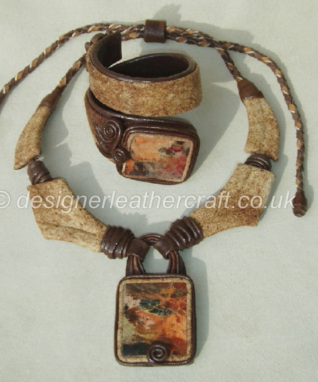 Leather Necklace and Cuff  Bracelet with Picture Jasper Stones