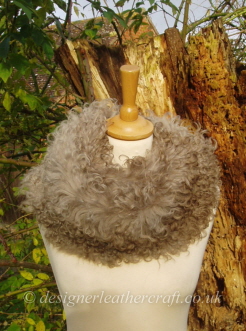 44 inch Taupe Pintos Tigrado Shearling Scarf Hooked up as a Snood