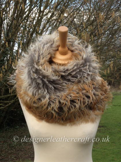 52 inch Pavane Tigrado Shearling Scarf Worn as a Snood