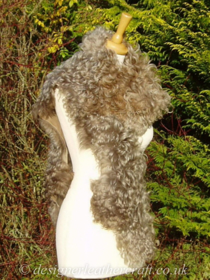 78 inch Taupe Pintos Tigrado Shearling Scarf S2 Over the Shoulder